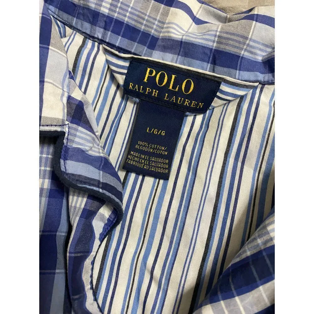 Ralph Lauren Blue Plaid Short Sleeve‎ Button-Down Shirt Casual Summer Size L